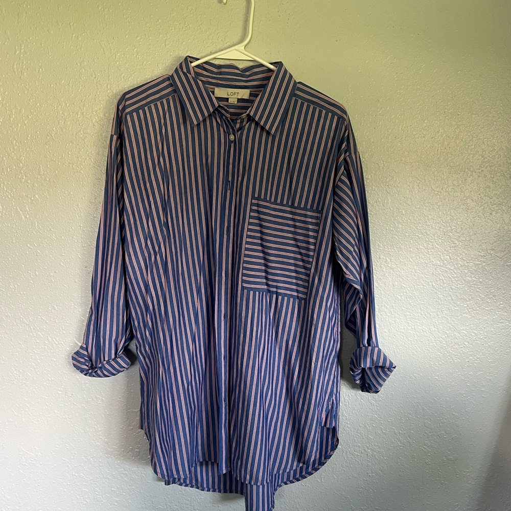 LOFT Blue and White Striped Casual Button Down Shirt